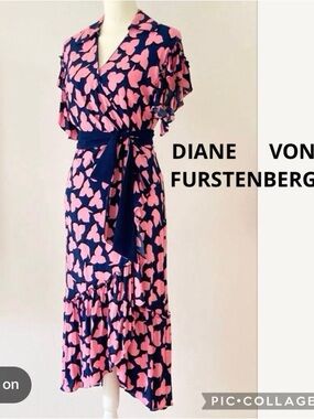 Diane Von Furstenberg Navy & Pink Floral-Print Wrap Midi Dress 100% Viscose
